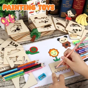 Educational Toys Children Montessori Stencils Painting Wooden Toys DIY Learning Drawing