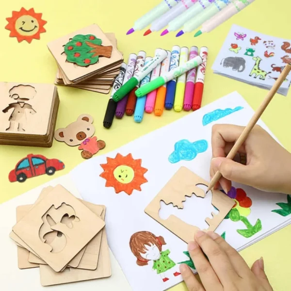 42pcs Montessori Kids Drawing Toys Wooden DIY Painting Template Stencils Learning Educational Toy for Children Gift