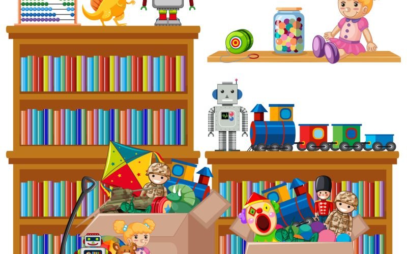 Shelf full of books and toys on white background illustration